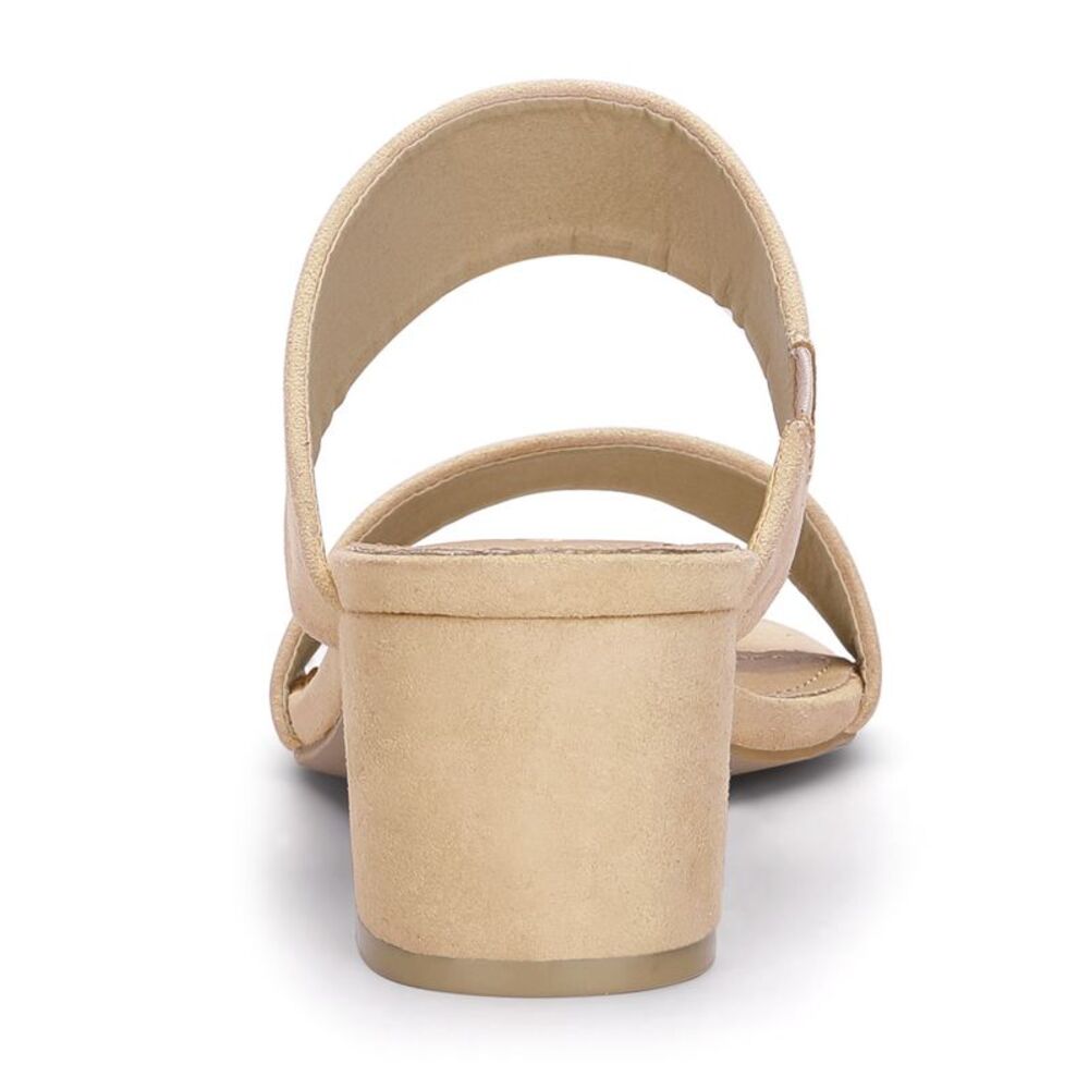 Women's Open Toe Mid Chunky Heel Dual Straps Beige Slide Sandals - Picture 3 of 6